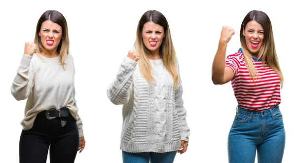 Collage Van Jonge Mooie Vrouw Geïsoleerd Achtergrond Boos Gefrustreerd Woedend — Stockfoto