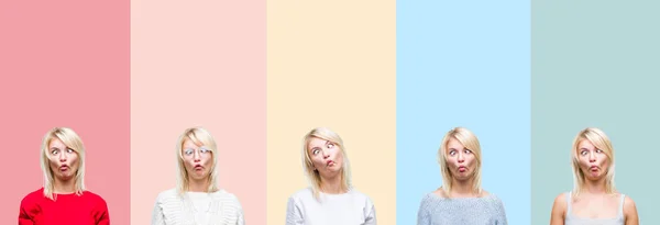 Colagem Mulher Loira Bonita Sobre Listras Coloridas Fundo Isolado Fazendo — Fotografia de Stock