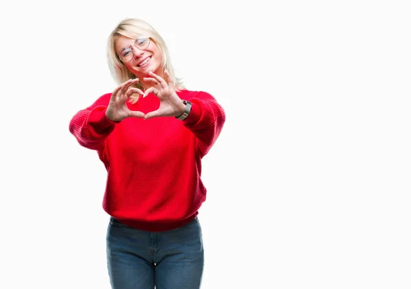 Giovane Bella Donna Bionda Indossa Maglione Occhiali Sfondo Isolato Sorridente — Foto Stock