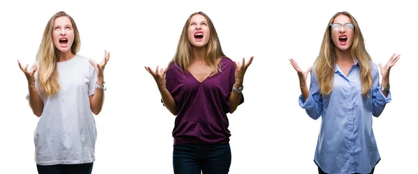 Collage Young Beautiful Blonde Woman Isolated Background Crazy Mad Shouting — Stock Photo, Image