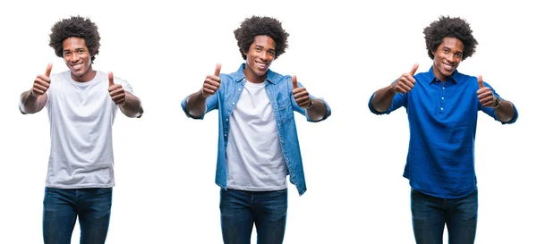 非洲裔美国年轻人无衫工人和商人在孤立的背景下赞成用手做积极的手势 竖起大拇指微笑 为成功而高兴 看着镜头 赢家的手势 — 图库照片
