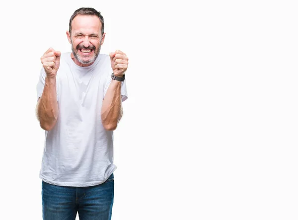 Hombre Mediana Edad Con Camiseta Blanca Sobre Fondo Aislado Emocionado —  Fotos de Stock