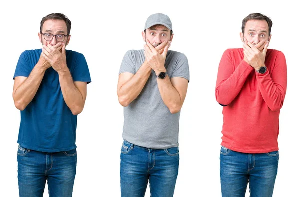 Collage Handsome Senior Man White Isolated Background Shocked Covering Mouth — Stock Photo, Image