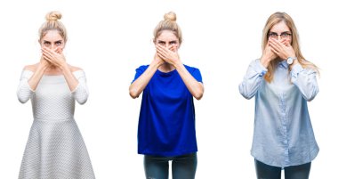 Genç güzel sarışın kadın izole arka plan ağız hata için elleriyle kapsayan şok yüzünden kolaj. Gizli kavramı.