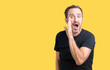 Yakışıklı orta yaş ağarmış komuta sizde izole arka plan üzerinde el gizli söylenti söylüyor Ağızdan kötü amaçlı konuşma konuşma fısıldayan