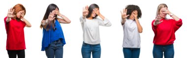Grup izole arka plan kaplaması gözlerle eller ve üzgün dur jestle yapıyor üzerinde güzel Çin, Asya, Afrika kökenli Amerikalı, beyaz kadınların kolaj ve korku ifadesi. Utandım ve negatif kavramı.