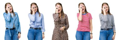 Kolaj güzel orta yaş kadın yüzünden yarım yüz, göz ve ağız el ile kapsayan Yawning yorgun arka plan izole. Acı yüzü acıyor.