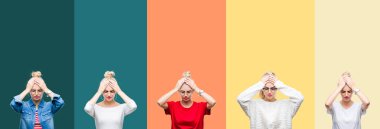 Genç güzel sarışın kadın canlı renkli vintage yüzünden kolaj çizgili izole arka plan çünkü umutsuz ve stresli baş ağrısı acı acı ve migren. Ellerini kafasına.