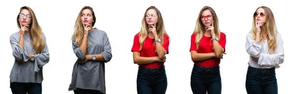 Collage Van Jonge Mooie Blonde Vrouw Geïsoleerde Achtergrond Met Hand — Stockfoto