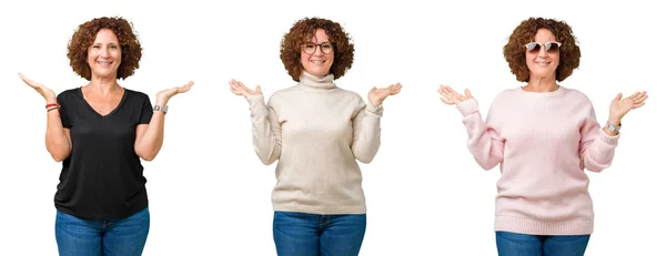 白で年配の女性が背景の笑顔の表示を分離した中年のコラージュ手オープン手のひら 表示や広告を比較してバランス — ストック写真