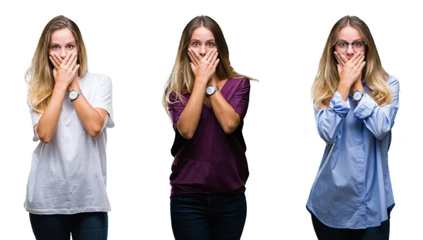 Collage Von Jungen Schönen Blonden Frau Vor Isoliertem Hintergrund Schockiert — Stockfoto