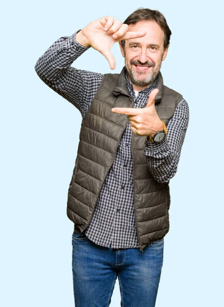 Middle Age Handsome Man Wearing Winter Vest Smiling Making Frame — Stock Photo, Image