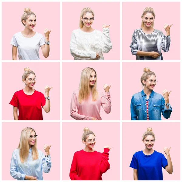 Collage Joven Hermosa Mujer Rubia Sobre Fondo Rosa Aislado Sonriendo —  Fotos de Stock