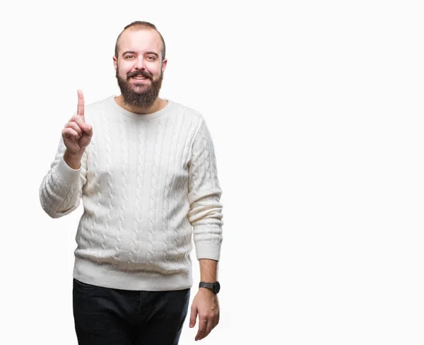 Joven Hombre Hipster Caucásico Con Suéter Invierno Sobre Fondo Aislado —  Fotos de Stock