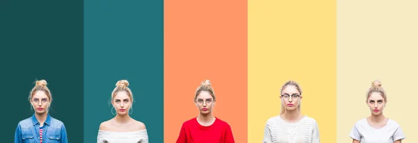 Collage Young Beautiful Blonde Woman Vivid Colorful Vintage Stripes Isolated — Stockfoto