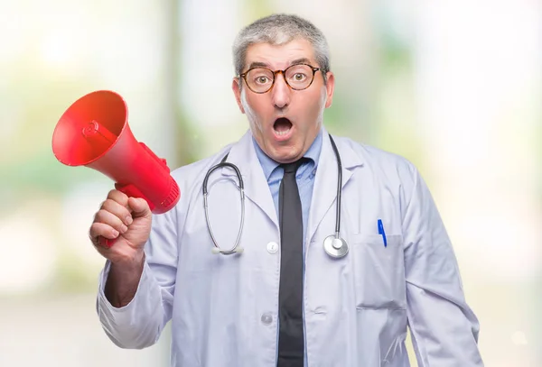 Handsome Senior Doctor Man Yelling Megaphone Isolated Background Scared Shock — Stock Photo, Image