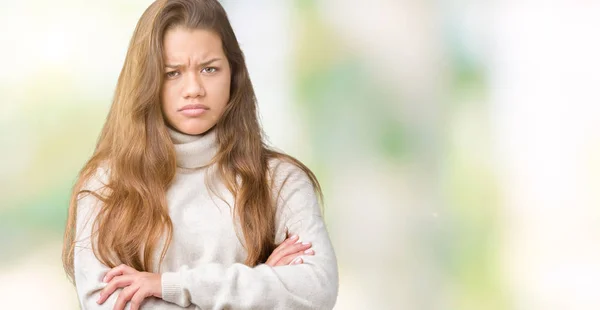 Jonge Mooie Brunette Vrouw Coltrui Trui Dragen Geïsoleerde Achtergrond Scepticus — Stockfoto