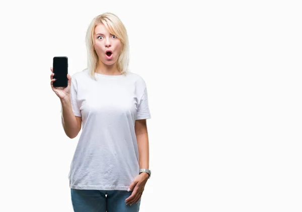 Jonge Mooie Blonde Vrouw Met Scherm Van Smartphone Geïsoleerde Achtergrond — Stockfoto