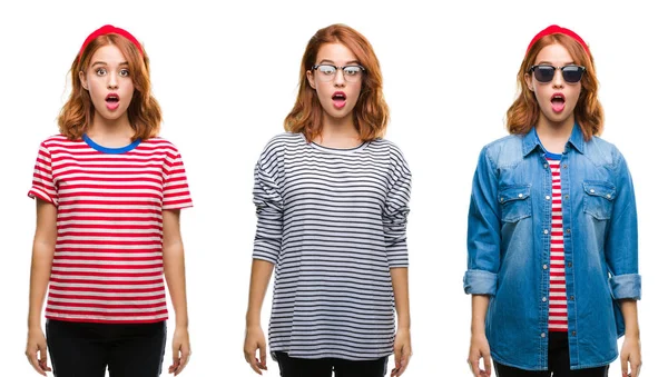 Collage Young Beautiful Redhead Woman Isolated Background Afraid Shocked Surprise — Stock Photo, Image