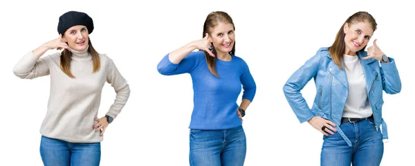 Collage Beautiful Middle Age Woman Isolated Background Smiling Doing Phone — Stock Photo, Image