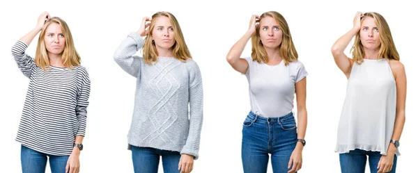 Collage Vacker Blond Kvinna Över Vit Isolerade Bakgrund Förvirra Och — Stockfoto