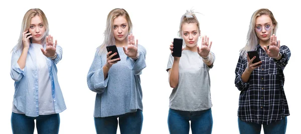 Collage Beautiful Blonde Young Woman Using Smartphone Isolated Background Open — Stock Photo, Image