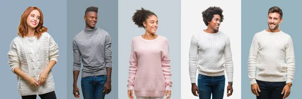 Collage Group African American Hispanic People Wearing Winter Sweater Vintage — Stock Photo, Image