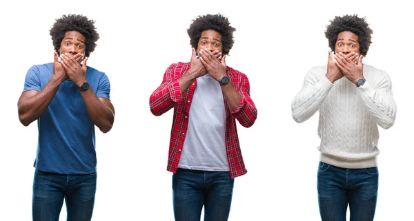 Collage Van Afro Amerikaanse Jonge Knappe Man Geïsoleerde Achtergrond Geschokt — Stockfoto