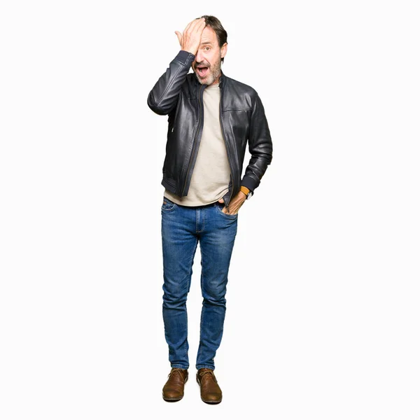 Middle Age Handsome Man Wearing Black Leather Jacket Surprised Hand — Stock Photo, Image