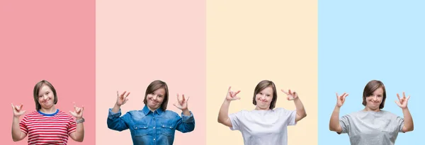 Collage Donna Sindrome Strisce Colorate Sfondo Isolato Gridando Con Espressione — Foto Stock