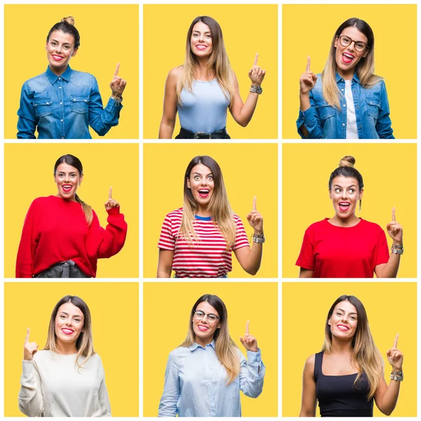 Colagem Jovem Bela Mulher Sobre Amarelo Isolado Fundo Apontando Dedo — Fotografia de Stock