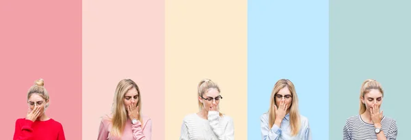 Collage Young Beautiful Blonde Woman Vivid Colorful Vintage Isolated Background — Stok fotoğraf