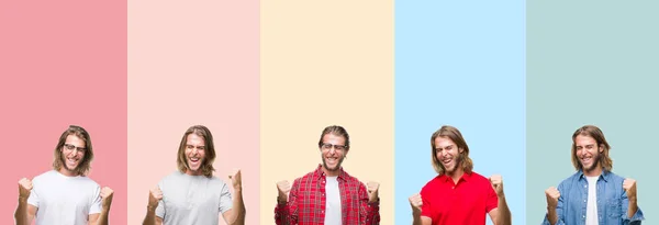 Collage Von Jungen Gutaussehenden Mann Über Bunten Streifen Isolierten Hintergrund — Stockfoto