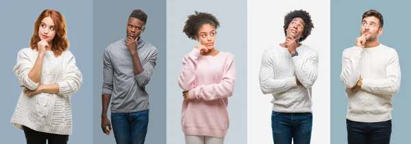 Collage Grupo Personas Afroamericanas Hispanas Que Usan Suéter Invierno Sobre — Foto de Stock