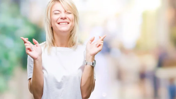 Young Beautiful Blonde Woman Wearing White Shirt Isolated Background Smiling — Stock Photo, Image