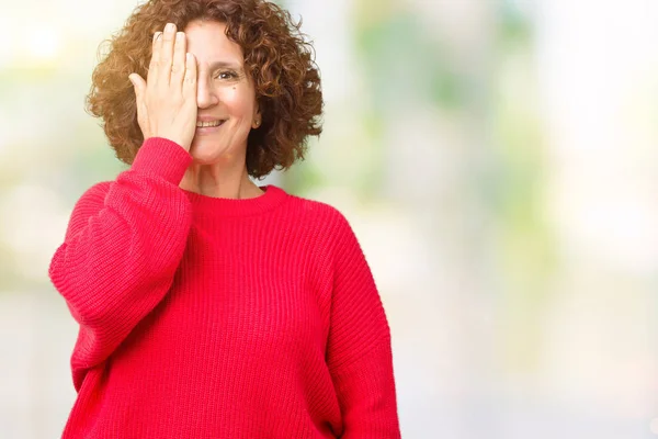 Magnifique Pull Hiver Rouge Femme Âgée Âge Moyen Sur Fond — Photo