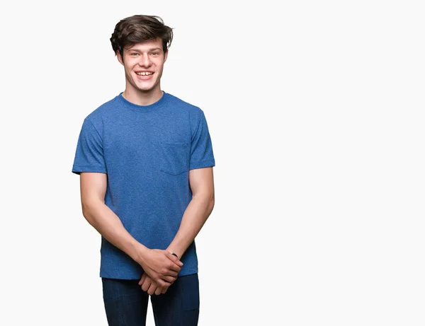 Mladý Pohledný Muž Nosí Modré Tričko Izolované Pozadí Príma Úsměvem — Stock fotografie