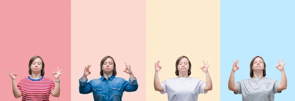 Collage Duvet Femme Syndrome Sur Des Rayures Colorées Fond Isolé — Photo