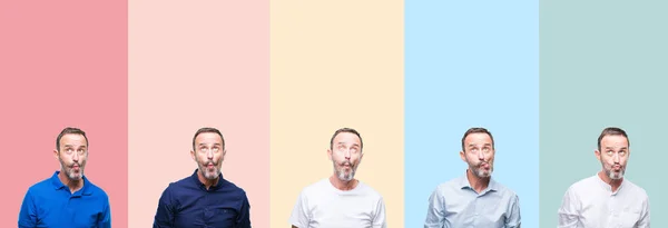 Collage Von Senior Hoary Gutaussehender Mann Über Bunten Streifen Isolierten — Stockfoto