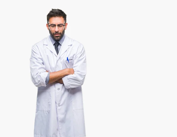 Scienziato Ispanico Adulto Medico Che Indossa Cappotto Bianco Sfondo Isolato — Foto Stock