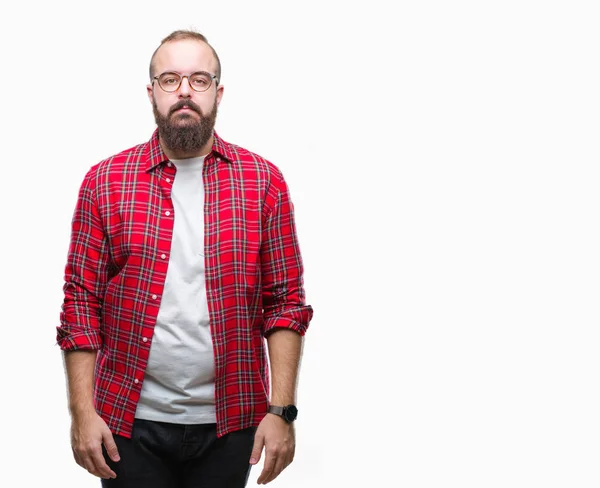 Unga Kaukasiska Hipster Mannen Bär Glasögon Över Isolerade Bakgrund Med — Stockfoto