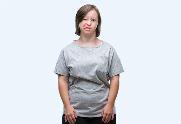 Mulher Adulta Jovem Com Síndrome Sobre Fundo Isolado Furando Língua — Fotografia de Stock