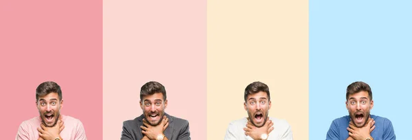 Collage Handsome Young Man Colorful Stripes Isolated Background Shouting Suffocate — Stock Photo, Image