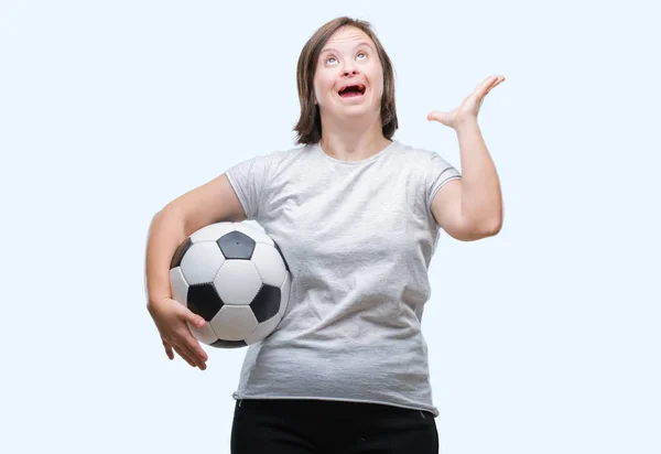 Young Adult Woman Syndrome Holding Soccer Football Ball Isolated Background — Stock Photo, Image