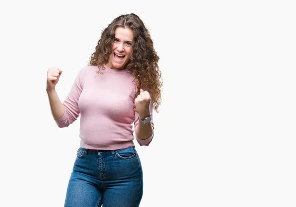 Beautiful Brunette Curly Hair Young Girl Wearing Pink Sweater Isolated — Stock Photo, Image