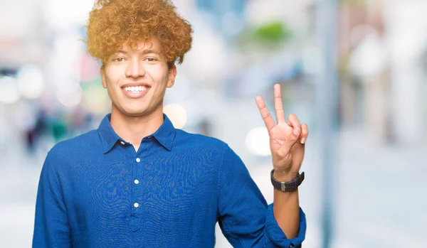 Young Handsome Elegant Man Afro Hair Showing Pointing Fingers Number — Stock Photo, Image