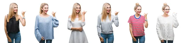 Koláž Mladá Krásná Blondýnka Izolované Pozadí Usmívající Smajlík Pohledu Přejdete — Stock fotografie