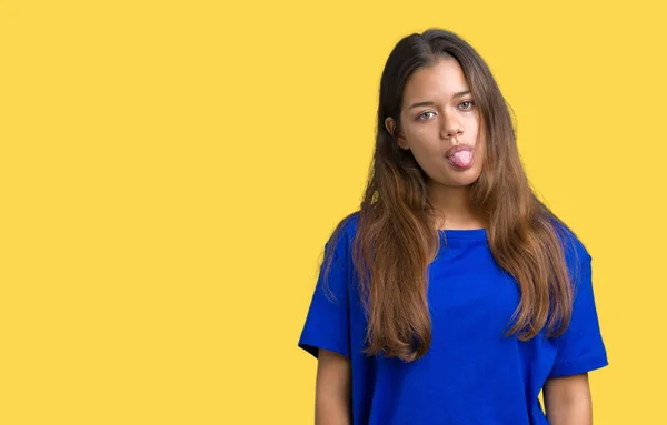 Mulher Morena Bonita Nova Vestindo Camiseta Azul Sobre Fundo Isolado — Fotografia de Stock