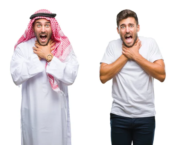 ハンサムな若い男とアラブ人のコラージュ以上背景の叫びを分離し 窒息のため痛みを伴う首を絞め 健康上の問題 窒息させると自殺の概念 — ストック写真