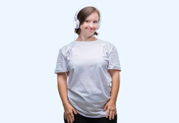 Mujer Adulta Joven Con Síndrome Que Usa Auriculares Sobre Fondo — Foto de Stock